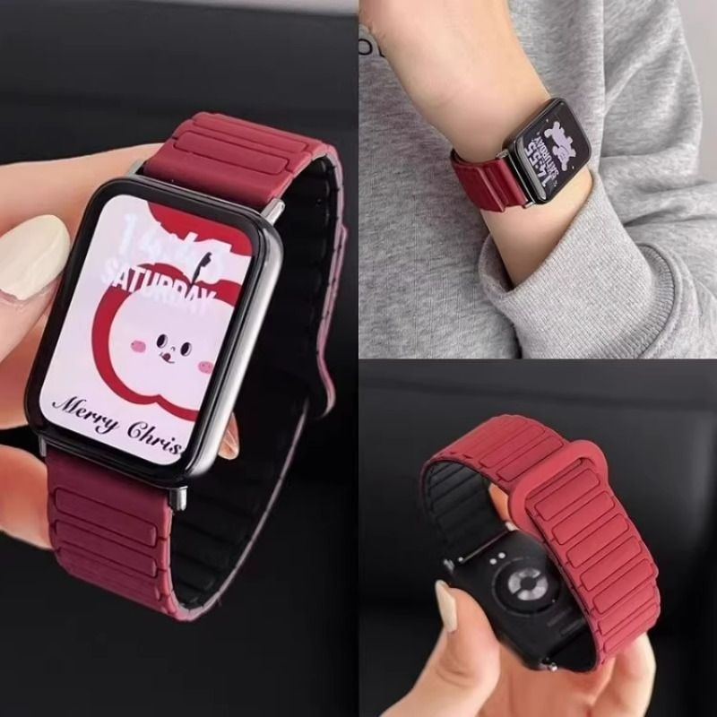 适用小米手环9pro表带Pro升级硅胶磁吸手表腕带小米8磁吸硅胶NFC运动红米WATCH5三株撞色红米4代夏天运动腕带