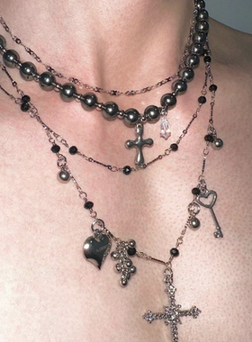 时尚潮流新款设计感银色珍珠恶魔果实十字钛钢多层百搭项链