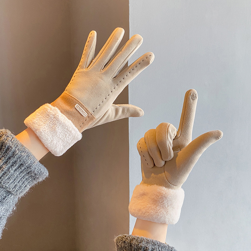 手套女冬季新款骑车保暖加绒防风电动车女羊毛冬天骑行可触屏灰色