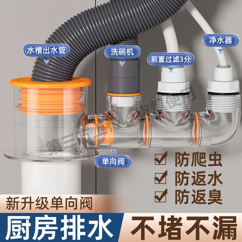 厨房下水管净水器三通接头水槽洗菜盆洗碗机排水管三通头防臭神器