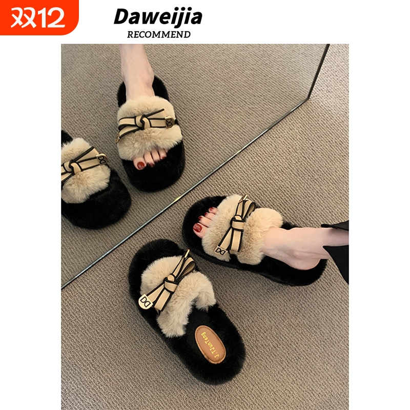 增高3cm毛毛棉拖鞋女2025秋冬新款蝴蝶结网红居家外穿毛绒鞋子