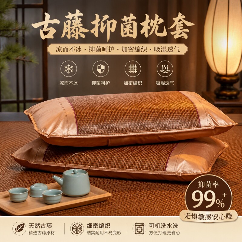 古藤凉席枕套夏季凉爽吸湿透气加密编织抑菌无味水洗双人冰藤清凉