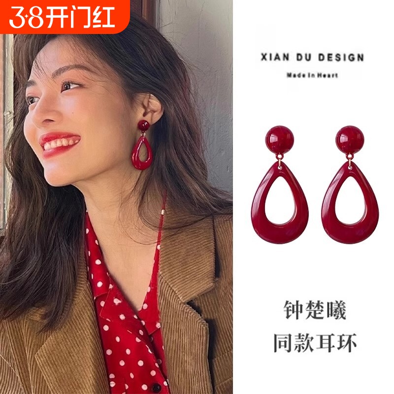 港风复古红色水滴夸张耳饰高级感无耳洞耳环耳钉耳夹款防过敏手作