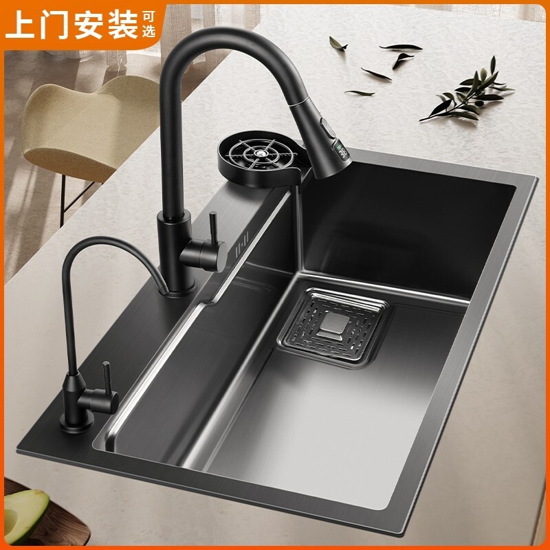 洗菜盆厨房家用水槽sus304不锈钢大单槽洗碗槽洗菜池台下盆水龙头