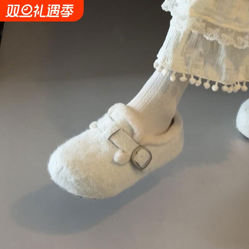 白色jk百搭配裙子加绒勃肯鞋女2025冬季新款大头平底毛毛拖鞋黑色