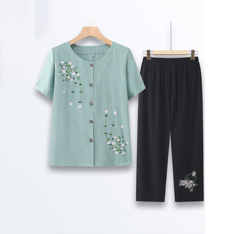 中老年人夏装女妈妈装新薄款短袖套装奶奶装开衫两件套老太太衣服