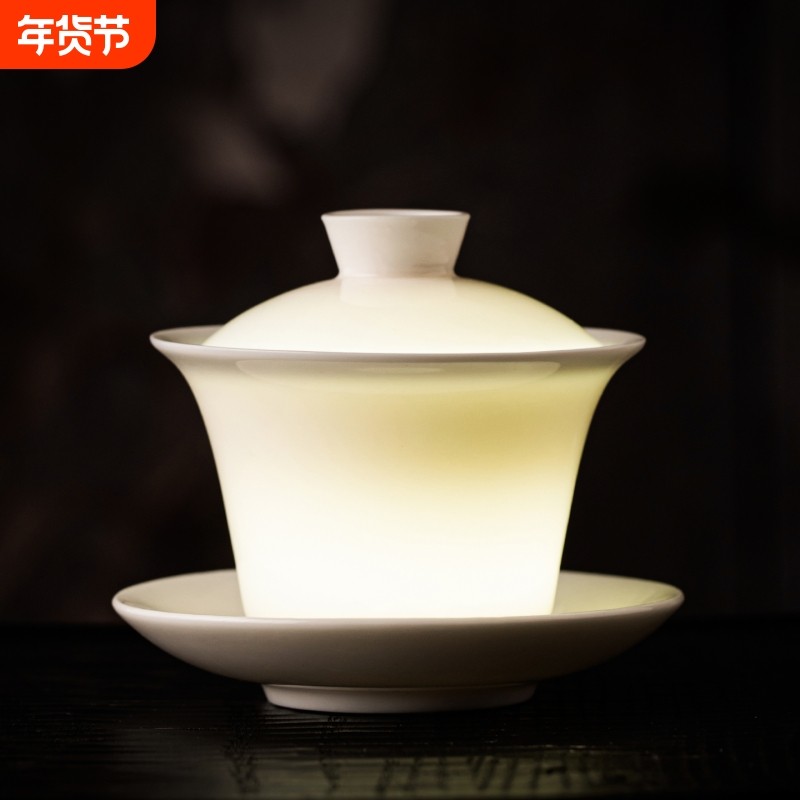 唐丰德化羊脂玉白瓷三才盖碗茶杯家用功夫泡茶碗轻奢高档礼盒装