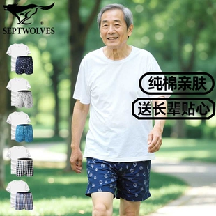 七匹狼2件套家居服套装纯棉男短袖短裤舒适阿罗裤老年T恤全棉睡衣