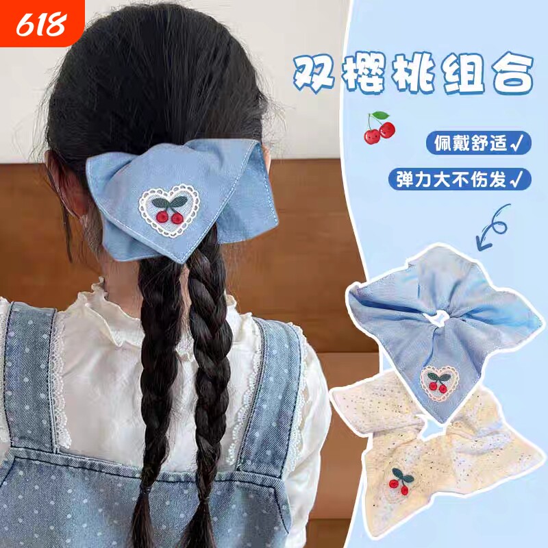 清新甜美蓝白格子樱桃方巾发圈发箍女简约气质大肠圈发圈头绳发饰