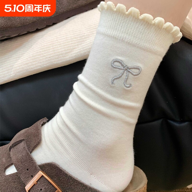 miu系灰色花边蝴蝶结纯色袜子女春秋中筒袜韩系少女夏天堆堆长袜