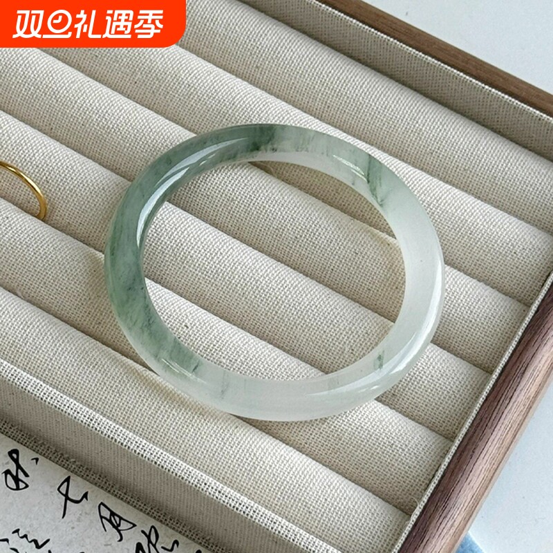 天然无染色新疆天山翠手镯冰翠飘花玉镯女款雪翠金丝玉圆条非翡翠