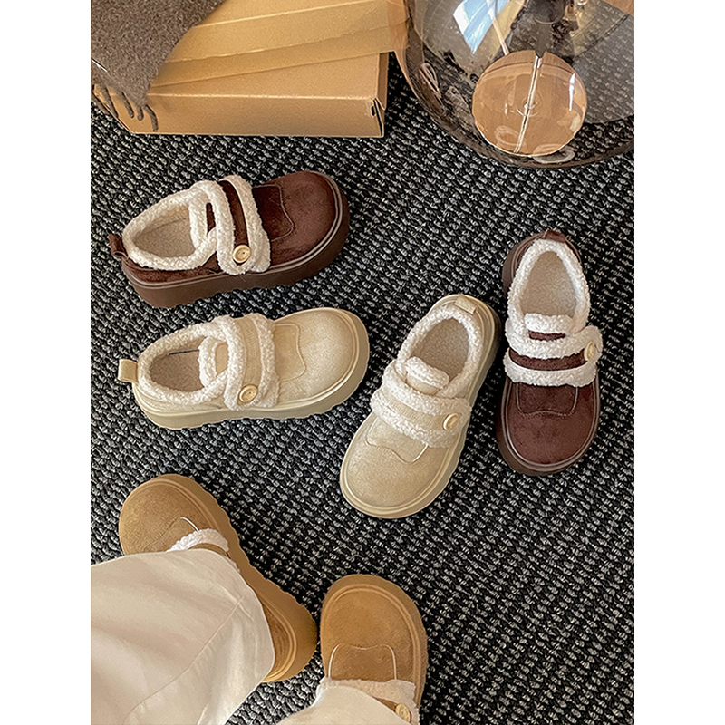 复古增高厚底雪地棉鞋女冬2025新款保暖外穿勃肯毛毛鞋毛绒白色