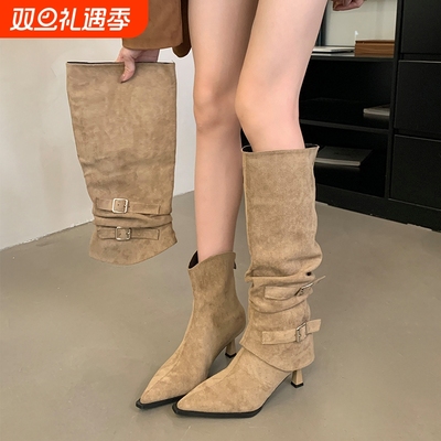 绒面尖头高筒短靴黑色卡其色
