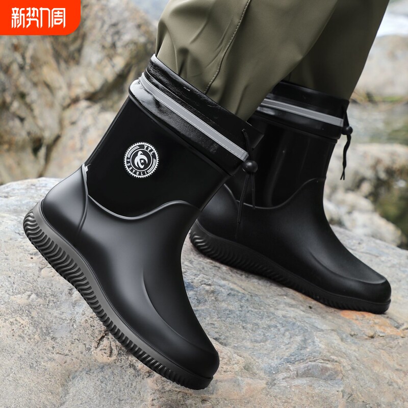 防水水鞋雨靴雨鞋男35-49大码束口中筒男绒防滑口鞋短筒耐磨加绒