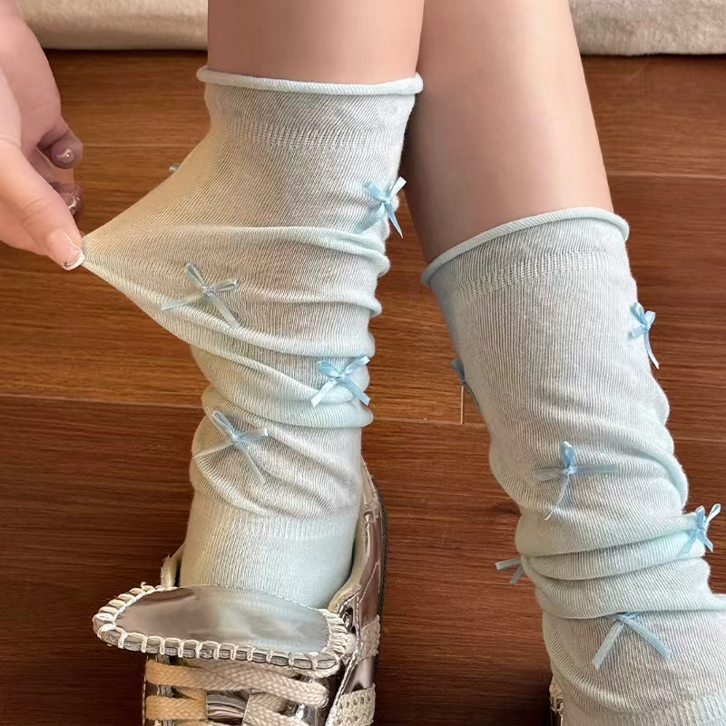 夏天芭蕾风袜子女堆堆袜miu系蝴蝶结中筒长袜夏季薄款小腿袜灰色