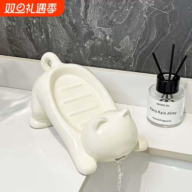 卡通猫咪仿陶瓷塑料肥皂盒创意可爱浴室香皂盒置物架洗手台沥水