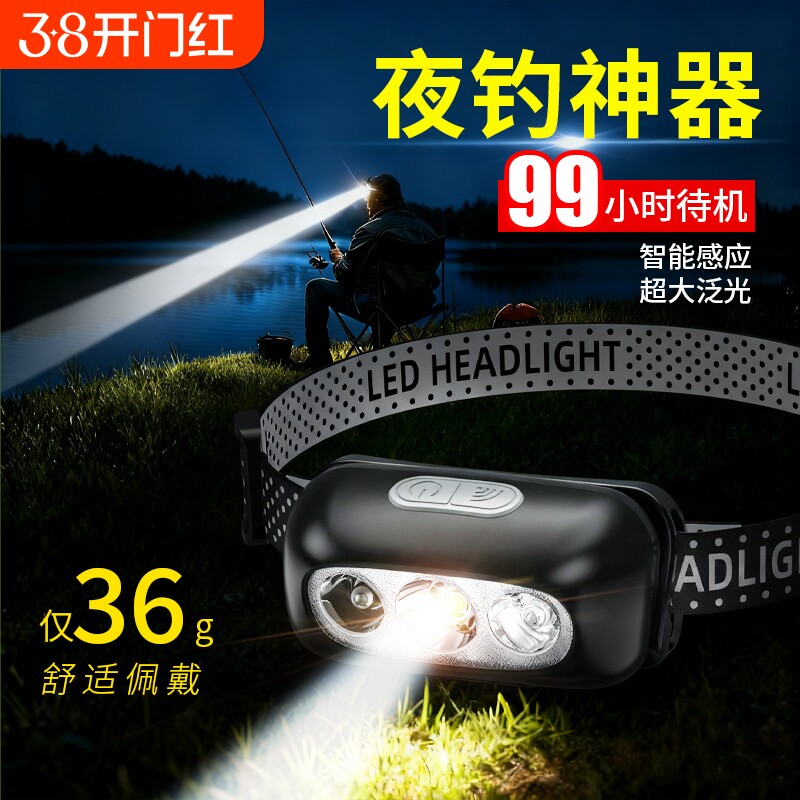 头灯超亮可充电头戴式强光感应特亮LED手电筒小型便携式夜钓鱼灯