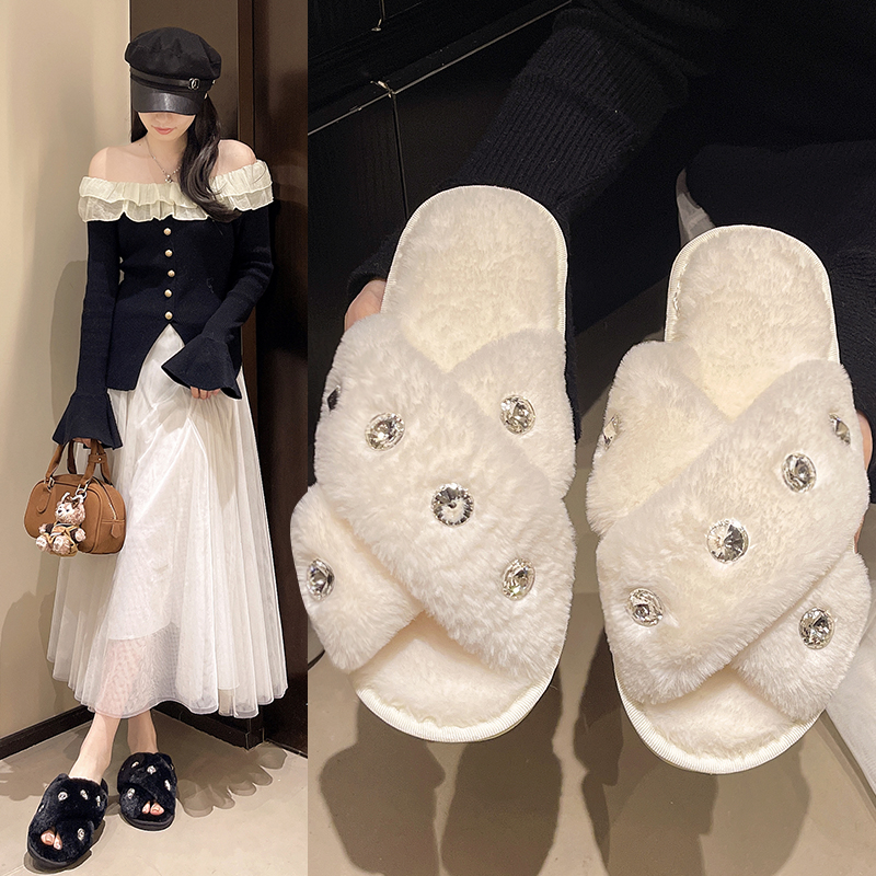 品牌直供毛毛拖鞋女外穿2025年新款秋冬季居家毛绒厚底交叉棉拖鞋