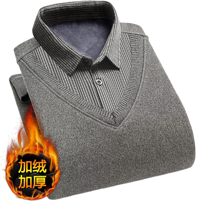 男士假两件高档商务翻领polo衫冬季加绒加厚保暖针织衫爸爸装毛衣