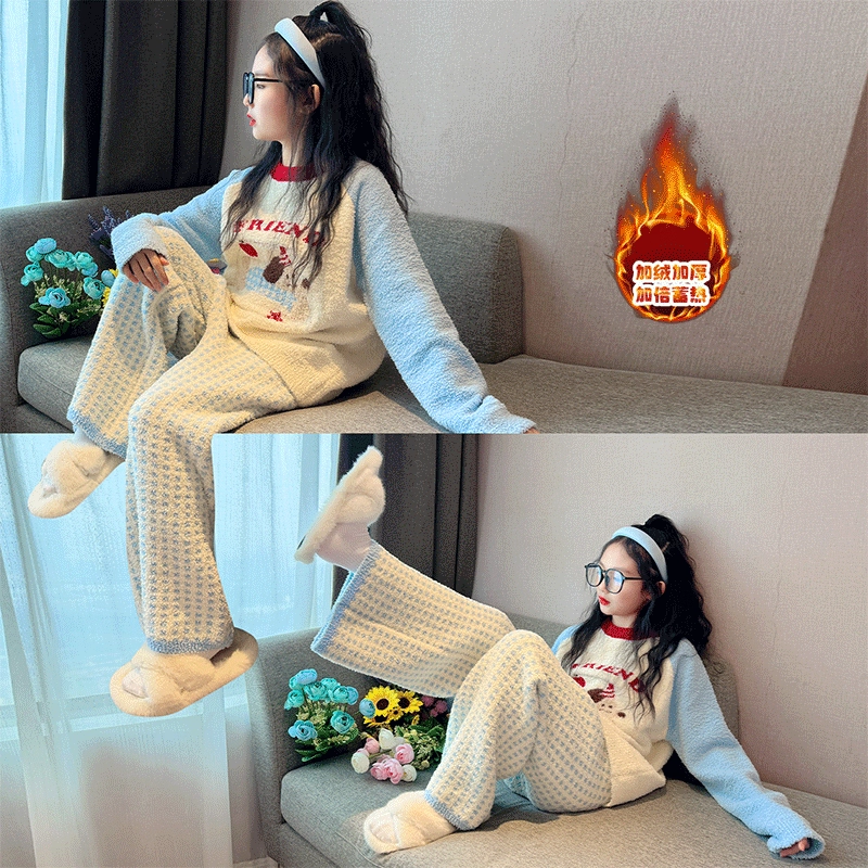 女童冬季睡衣半边绒半边绒秋冬款