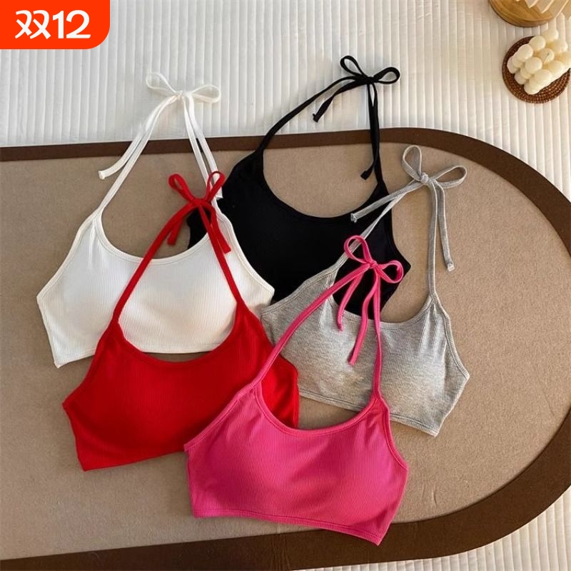 纯欲辣妹沙滩度假风性感绑带挂脖吊带背心女短款带胸垫露肚脐上衣