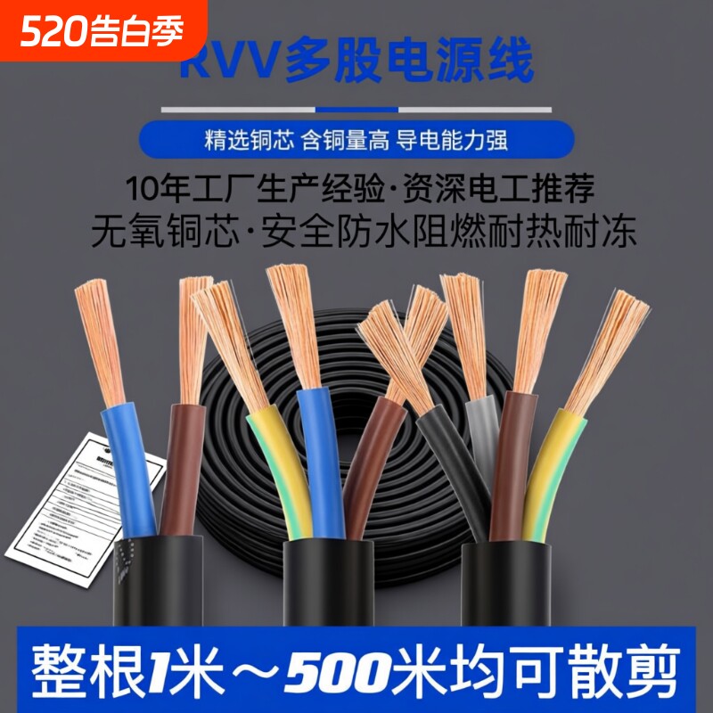 国标电线软线家用RVV电缆线护套线2/3芯充电电源线1.5/4/
