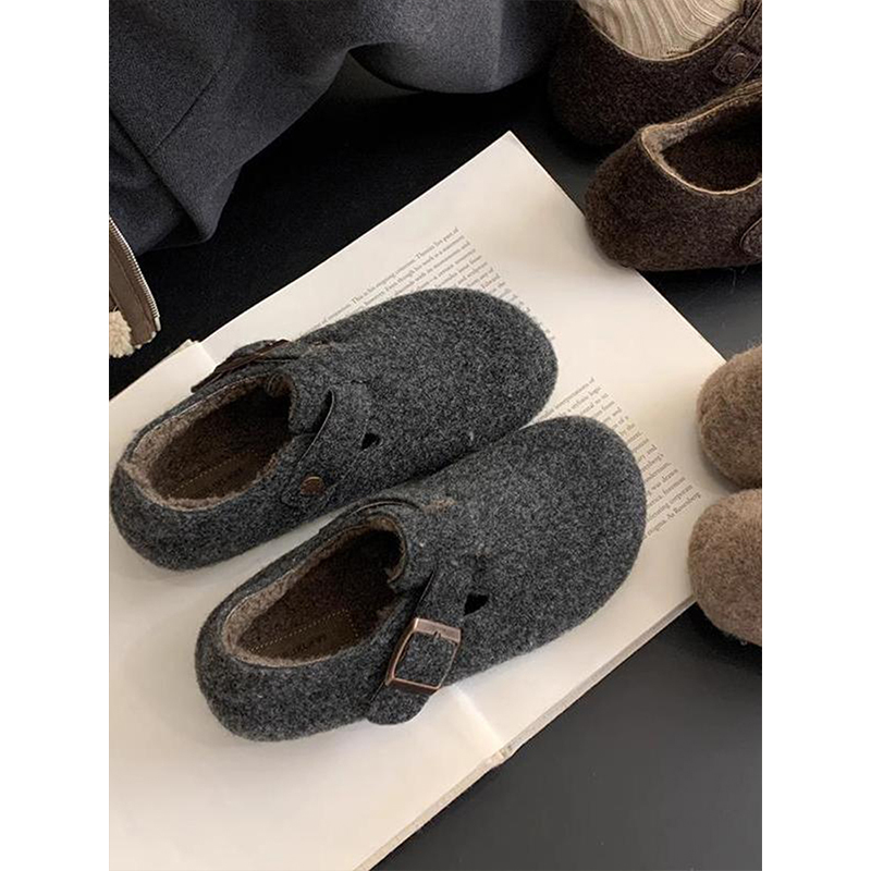 厚底内增高毛呢勃肯鞋女2025秋冬新款加绒保暖毛毛鞋全包豆豆鞋子