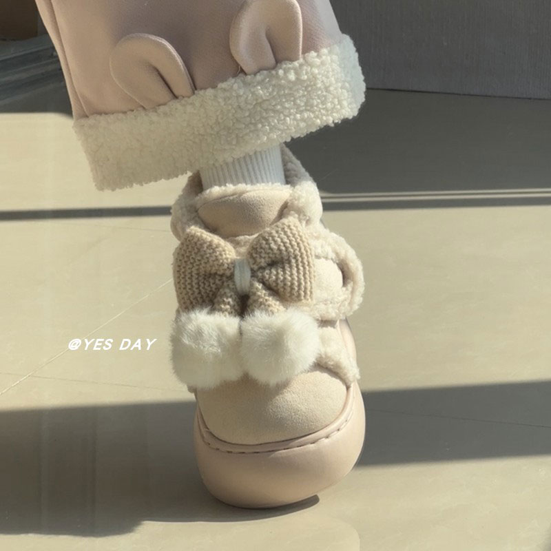 可爱厚底雪地靴女2025冬季新款加绒保暖棉鞋粉色毛绒鞋子防水台