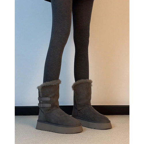 牛皮版~真皮厚底皮带扣皮毛一体雪地靴女加绒保暖毛毛鞋短靴棉靴