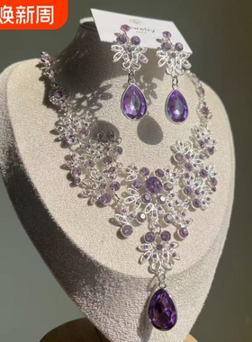 超闪紫色锆石花朵项链耳环套装女小众设计高级晚宴礼服配饰锁骨链