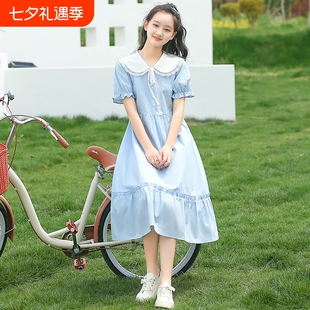女童连衣裙娃娃领夏季初中学生高中女生夏装长款过膝长裙子学院风