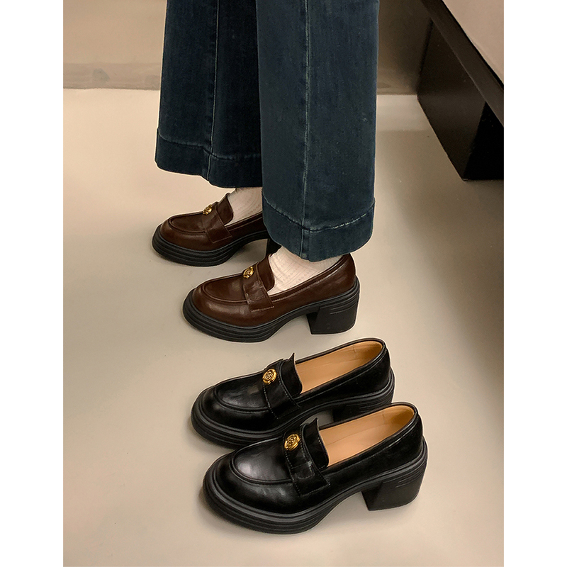 小香风粗跟小皮鞋女春季乐福鞋厚底OL高跟单鞋子黑色圆头不累脚