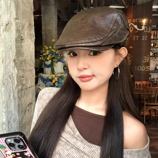 复古pu皮质前进帽男女秋冬时尚英伦风报童帽街头时髦个性画家帽子