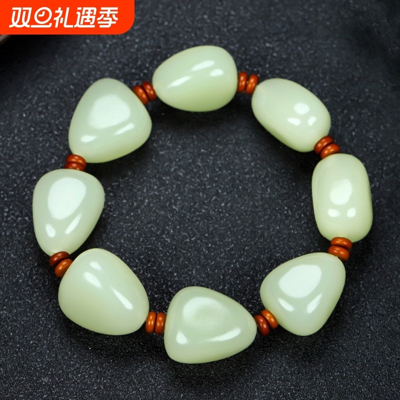 送证书和礼盒新疆和田市天然湖水绿随行方解石玉男士玉石手链手串