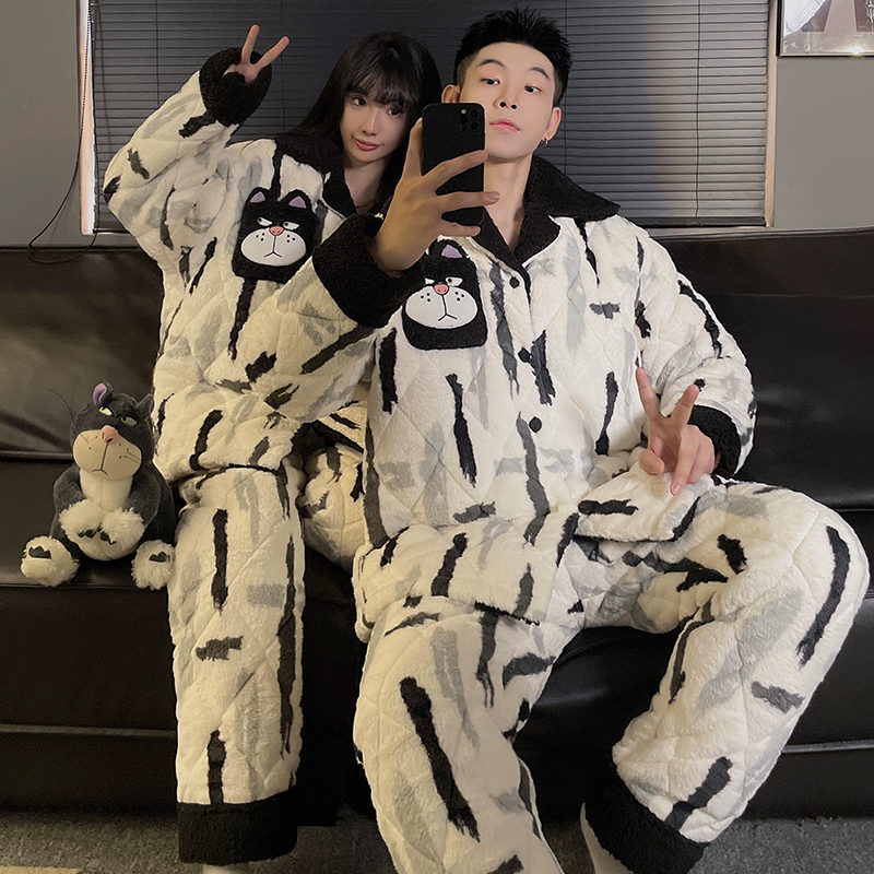 秋冬季情侣睡衣女夹棉男士家居服