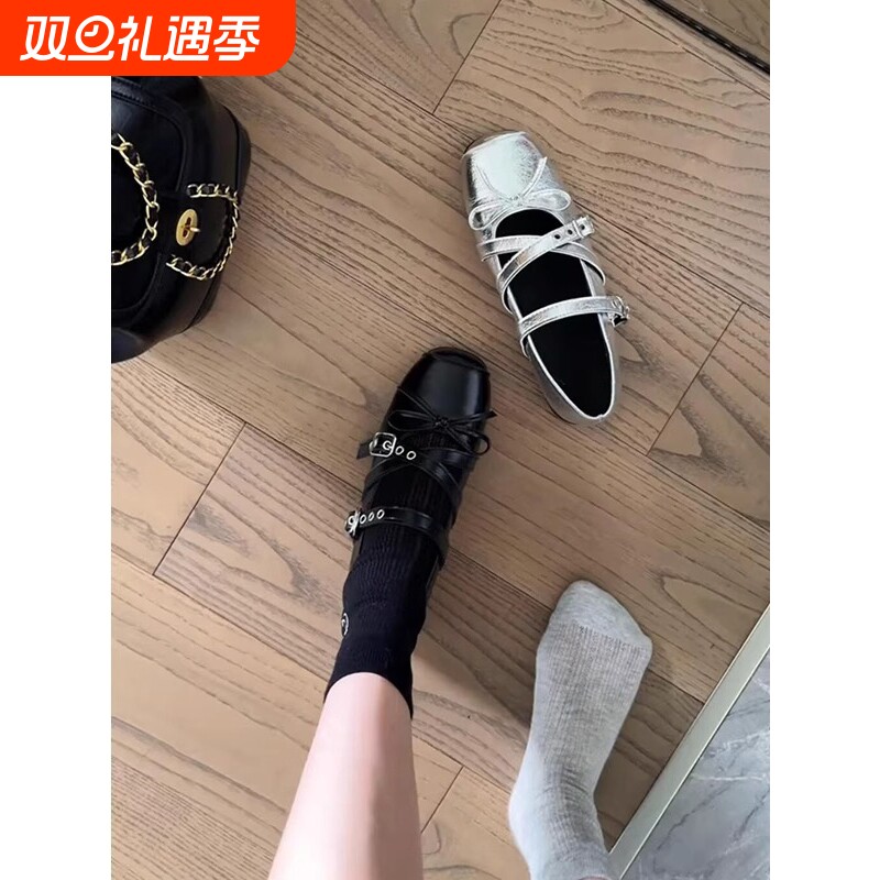 内增高版~小个子羊皮单鞋女银色真皮玛丽珍芭蕾舞鞋浅口方头中跟