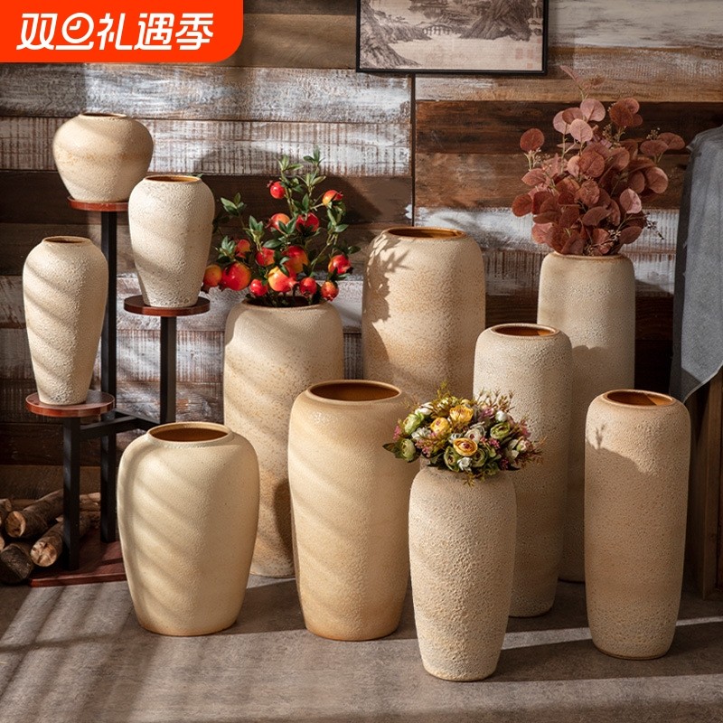 景德镇落地陶瓷大花瓶复古怀旧手工粗陶罐客厅酒店风水摆件装饰品