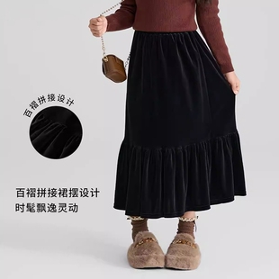 女童裙子秋冬半身裙冬季儿童金丝绒鱼尾半裙洋气加厚大童黑色长裙