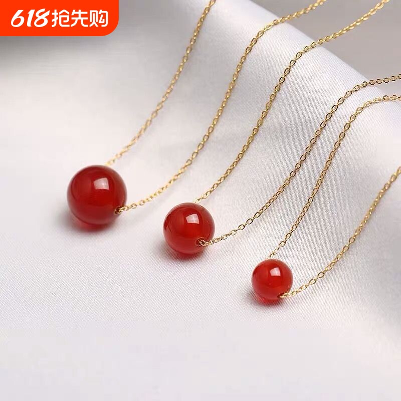 红玛瑙路路通单颗转运珠吊坠项链女士本命年相思豆玉髓锁骨链金色