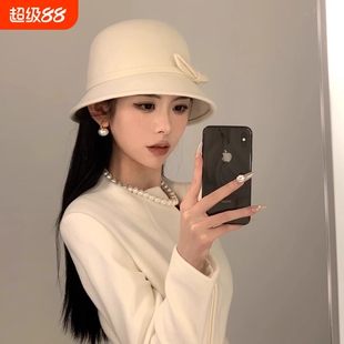 羊毛呢渔夫帽女秋冬法式赫本风留洋千金帽气质名媛白色礼帽子黑色