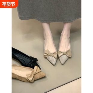 ocean one 尖头绒面低跟气质单鞋蝴蝶结2025秋季新款百搭通勤女鞋