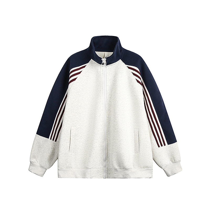 春秋季潮流撞色拼接开衫立领外套男美式复古宽松运动休闲夹克上衣