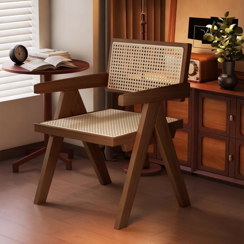 实木餐椅家用中古风昌迪加尔靠背椅侘寂风藤编椅子书房软包餐厅