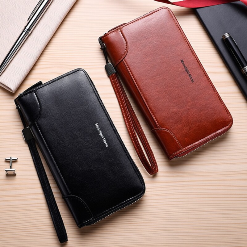 钱包男长款拉链钱夹卡包男士复古横款拉链皮夹手拿多功能零钱包