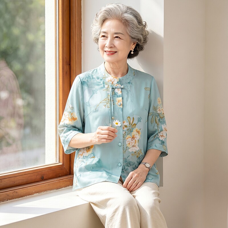 妈妈夏季新中式上衣老年人套装女大码奶奶装衬衫老太太衣服轻薄款
