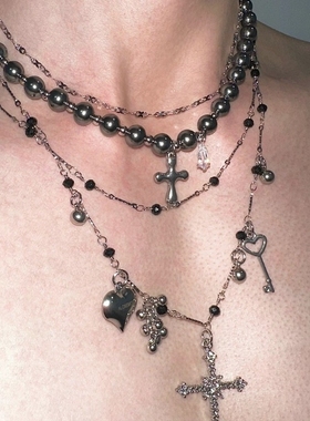 时尚潮流新款设计感银色珍珠恶魔果实十字钛钢多层百搭项链