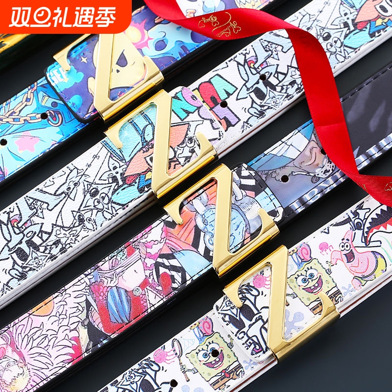 新款男士动漫涂鸦学生皮带网红字母Z平滑扣卡通腰带时尚潮流百搭