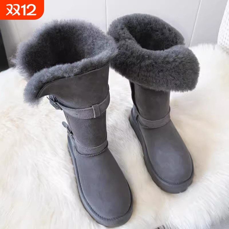 小众宝藏~厚底灰色雪地靴女2025冬新款长筒加绒加厚皮毛一体保暖