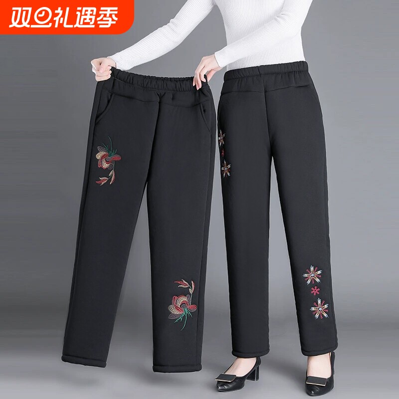 中老年人冬季加绒加厚裤子妈妈奶奶保暖棉裤女宽松冬装长裤刺绣