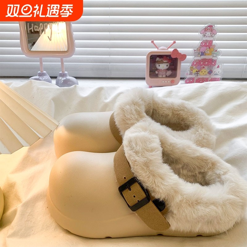 防水加绒保暖洞洞鞋包头半拖鞋女外穿2025秋冬新款厚底毛毛棉拖鞋